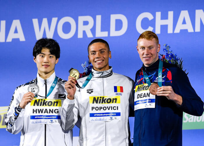 POPOVICI David ROU Gold Medal, HWANG Sunwoo KOR Silver Medal, DEAN Tom GBR Bronze Medal 200m Freestyle Men Swimming FINA 19th World Championships Budapest 2022 Budapest, Duna Arena 20/06/22 Photo Andrea Staccioli / Deepbluemedia / Insidefoto