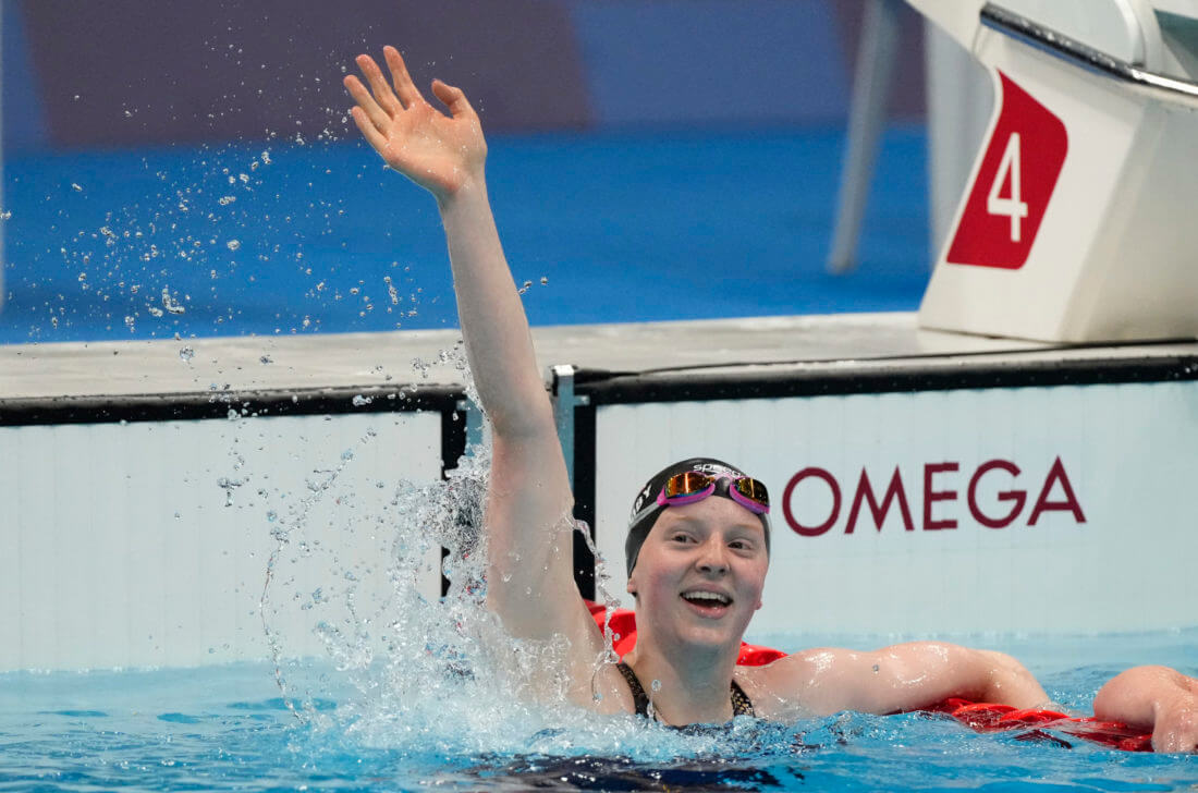 Jul 27, 2021; Tokyo, Japan; Lydia Jacoby (USA) celebrates after winning the women's 100m breaststroke final during the Tokyo 2020 Olympic Summer Games at Tokyo Aquatics Centre. Mandatory Credit: Rob Schumacher-USA TODAY Sports