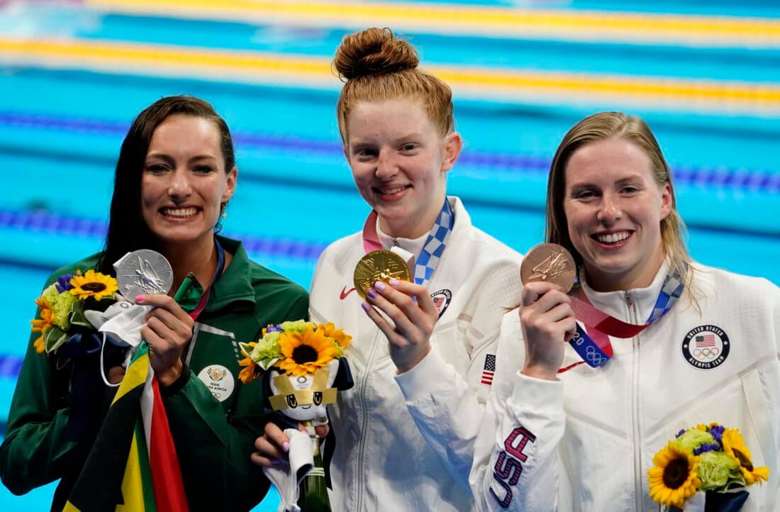 Jul 27, 2021; Tokyo, Japan; From left Tatjana Schoenmaker (RSA) , Lydia Jacoby (USA) and Lilly King (USA) with their medals during the medals ceremony for the women's 100m breaststroke during the Tokyo 2020 Olympic Summer Games at Tokyo Aquatics Centre. Mandatory Credit: Rob Schumacher-USA TODAY Sports