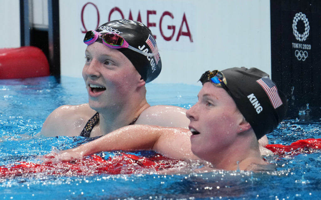 Jul 27, 2021; Tokyo, Japan; Lydia Jacoby (USA) and Lilly King (USA) celebrate after the women's 100m breaststroke final during the Tokyo 2020 Olympic Summer Games at Tokyo Aquatics Centre. Mandatory Credit: Robert Hanashiro-USA TODAY Sports
